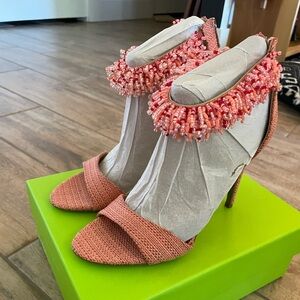 Pink and red weave beaded heels